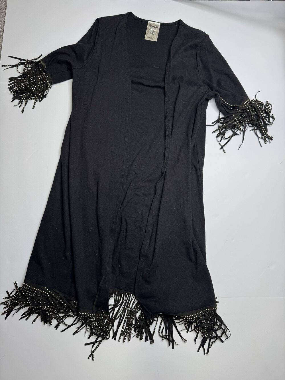 Vocal Womens S Black Long Duster Cardigan Studded Fringe Western Boho USA